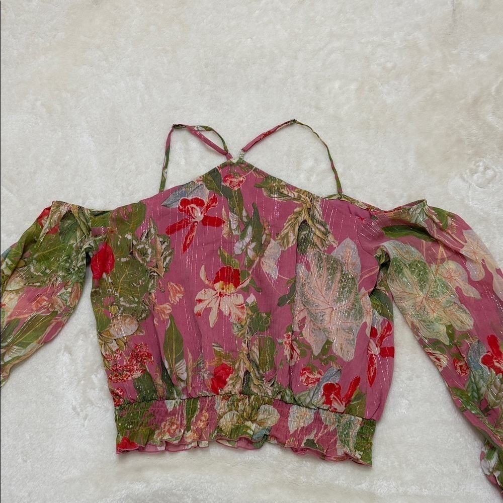 Guess Pink and Green Floral Cold-Shoulder Blouse - Picture 3 of 4